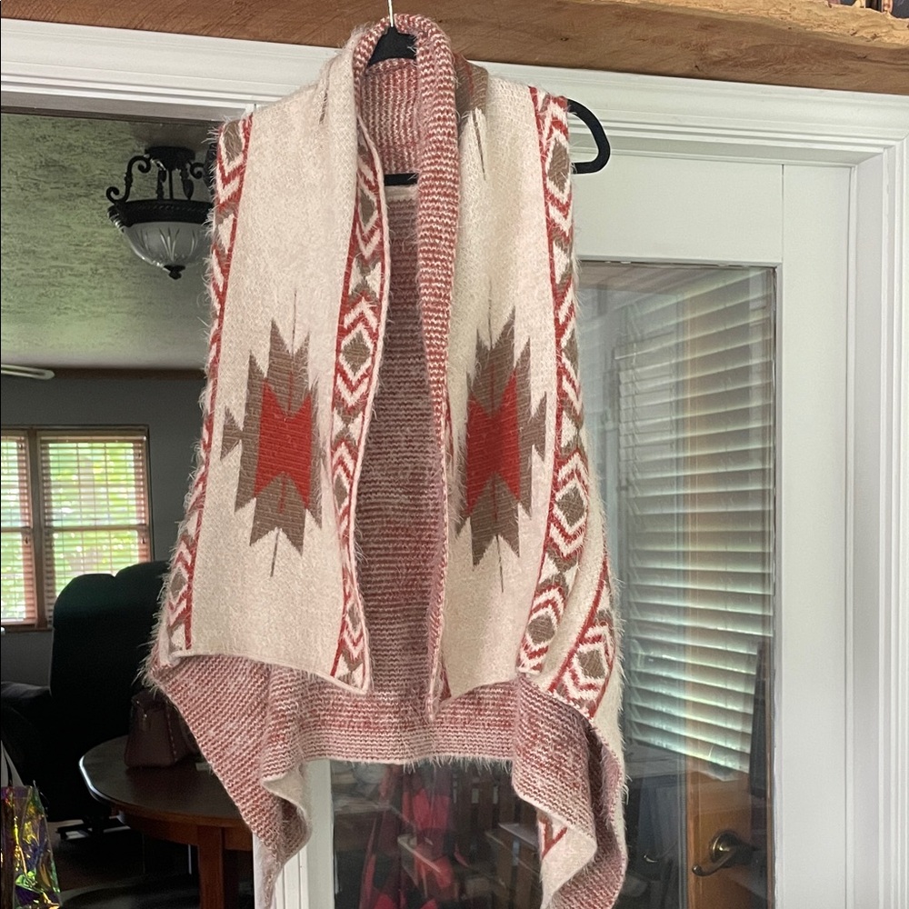 Cream and Red Patterned Women's Poncho